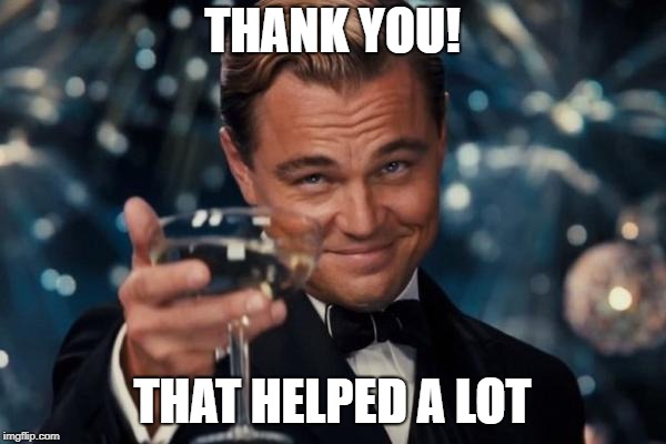 Leonardo Dicaprio Cheers Meme | THANK YOU! THAT HELPED A LOT | image tagged in memes,leonardo dicaprio cheers | made w/ Imgflip meme maker