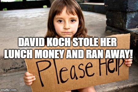 please help | DAVID KOCH STOLE HER LUNCH MONEY AND RAN AWAY! | image tagged in political meme | made w/ Imgflip meme maker
