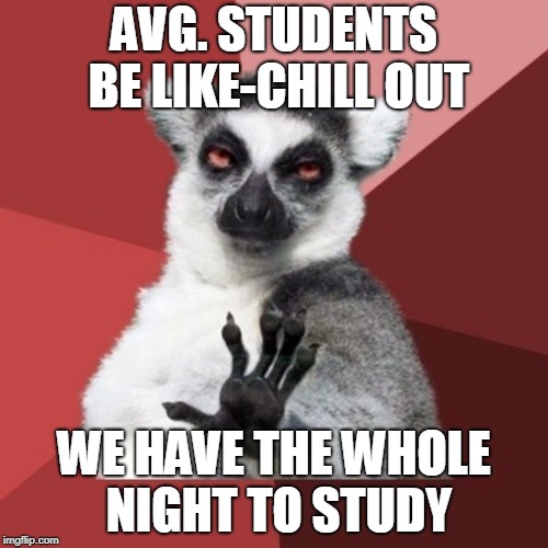 Chill Out Lemur Meme | AVG. STUDENTS BE LIKE-CHILL OUT; WE HAVE THE WHOLE NIGHT TO STUDY | image tagged in memes,chill out lemur | made w/ Imgflip meme maker
