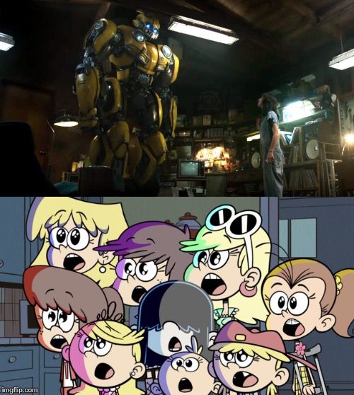 The Loud sisters gaze at Bumblebee | image tagged in transformers,the loud house,bumblebee,nickelodeon,amazed,eyes | made w/ Imgflip meme maker