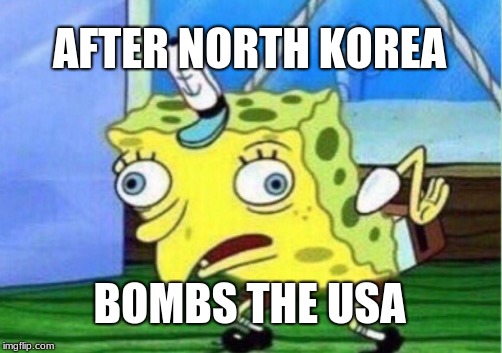 Mocking Spongebob | AFTER NORTH KOREA; BOMBS THE USA | image tagged in memes,mocking spongebob | made w/ Imgflip meme maker