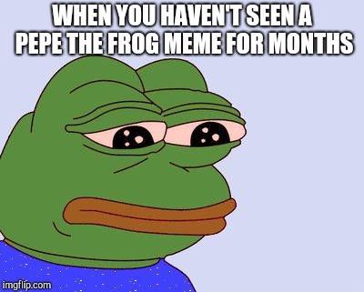 Frog week | WHEN YOU HAVEN'T SEEN A PEPE THE FROG MEME FOR MONTHS | image tagged in pepe the frog,sad pepe the frog,funny,memes,old memes | made w/ Imgflip meme maker