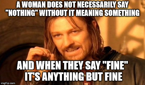 rules of relationship 101 | A WOMAN DOES NOT NECESSARILY SAY "NOTHING" WITHOUT IT MEANING SOMETHING AND WHEN THEY SAY "FINE" IT'S ANYTHING BUT FINE | image tagged in memes,one does not simply,women's thought process | made w/ Imgflip meme maker