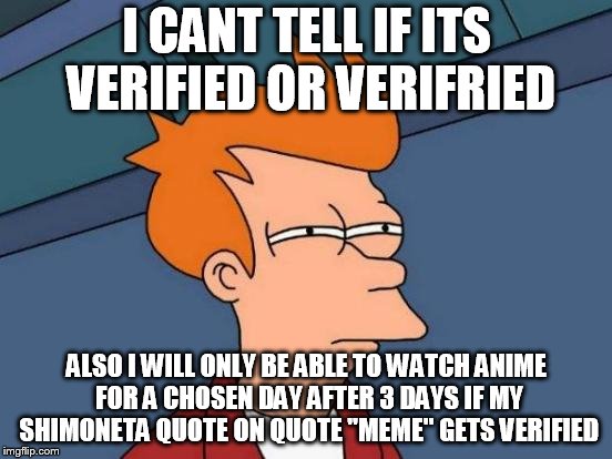 Futurama Fry Meme | I CANT TELL IF ITS VERIFIED OR VERIFRIED; ALSO I WILL ONLY BE ABLE TO WATCH ANIME FOR A CHOSEN DAY AFTER 3 DAYS IF MY SHIMONETA QUOTE ON QUOTE "MEME" GETS VERIFIED | image tagged in memes,futurama fry | made w/ Imgflip meme maker