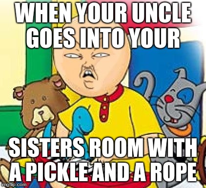 Best meme ever 2.0 | WHEN YOUR UNCLE GOES INTO YOUR; SISTERS ROOM WITH A PICKLE AND A ROPE | image tagged in caillou | made w/ Imgflip meme maker