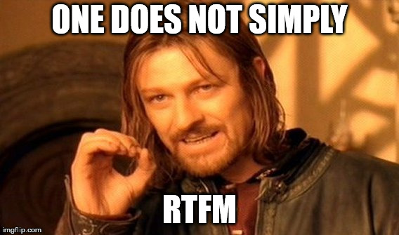 One Does Not Simply Meme | ONE DOES NOT SIMPLY; RTFM | image tagged in memes,one does not simply | made w/ Imgflip meme maker