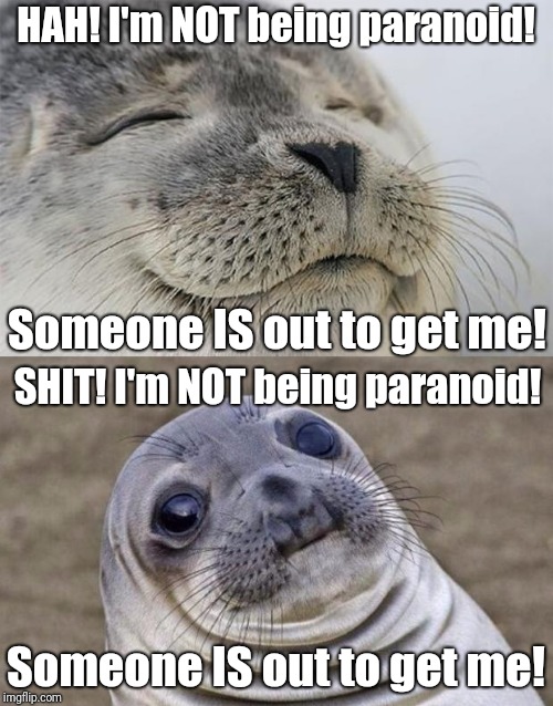I have PROOF! | HAH! I'm NOT being paranoid! Someone IS out to get me! SHIT! I'm NOT being paranoid! Someone IS out to get me! | image tagged in memes,short satisfaction vs truth,paranoia,paranoid,proof | made w/ Imgflip meme maker