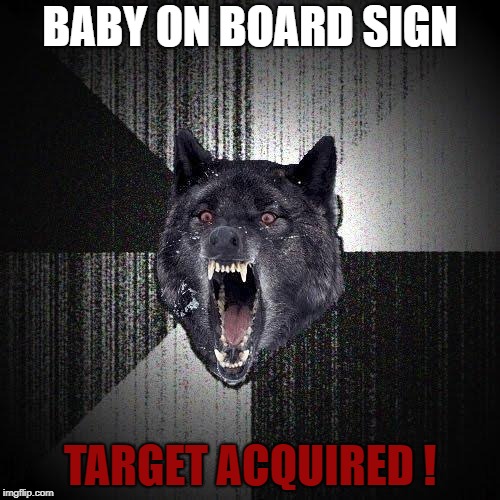 Insanity Wolf Meme | BABY ON BOARD SIGN; TARGET ACQUIRED ! | image tagged in memes,insanity wolf | made w/ Imgflip meme maker