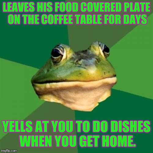 Memories of the least favorite roomy | LEAVES HIS FOOD COVERED PLATE ON THE COFFEE TABLE FOR DAYS; YELLS AT YOU TO DO DISHES WHEN YOU GET HOME. | image tagged in memes,foul bachelor frog | made w/ Imgflip meme maker