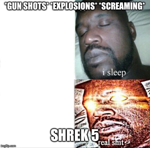 Sleeping Shaq Meme | *GUN SHOTS*
*EXPLOSIONS*
*SCREAMING*; SHREK 5 | image tagged in memes,sleeping shaq | made w/ Imgflip meme maker