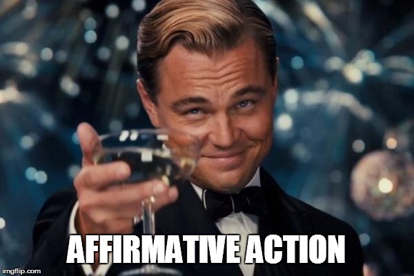 Leonardo Dicaprio Cheers Meme | AFFIRMATIVE ACTION | image tagged in memes,leonardo dicaprio cheers | made w/ Imgflip meme maker