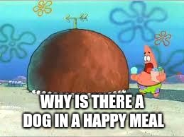 WHO ARE YOU PEOPLE? | WHY IS THERE A DOG IN A HAPPY MEAL | image tagged in who are you people | made w/ Imgflip meme maker