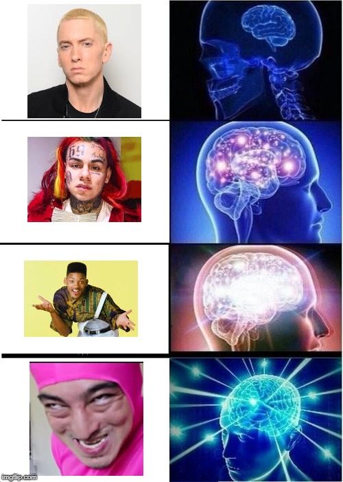 Evolution of What I Listen To | image tagged in memes,expanding brain,rap,pink guy | made w/ Imgflip meme maker