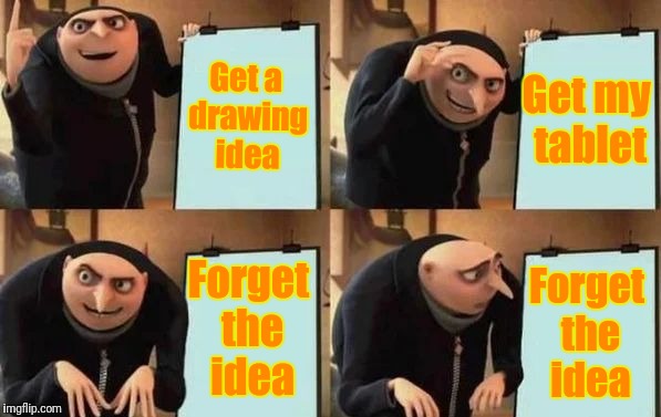 Drawing in a nutshell | Get a drawing idea; Get my tablet; Forget the idea; Forget the idea | image tagged in gru's plan | made w/ Imgflip meme maker