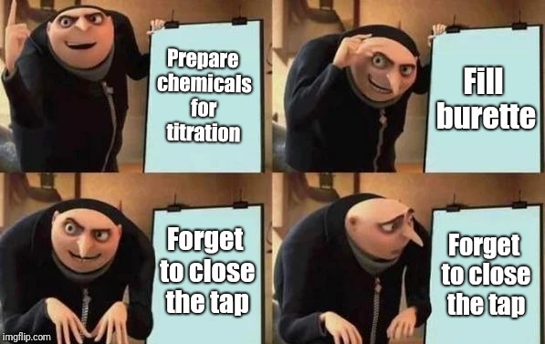Gru wasted a lot of acid today | Prepare chemicals for titration; Fill burette; Forget to close the tap; Forget to close the tap | image tagged in gru's plan | made w/ Imgflip meme maker