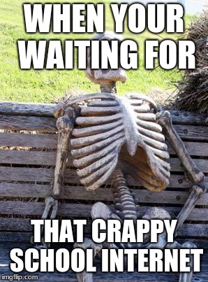 Waiting Skeleton | WHEN YOUR WAITING FOR; THAT CRAPPY SCHOOL INTERNET | image tagged in memes,waiting skeleton | made w/ Imgflip meme maker