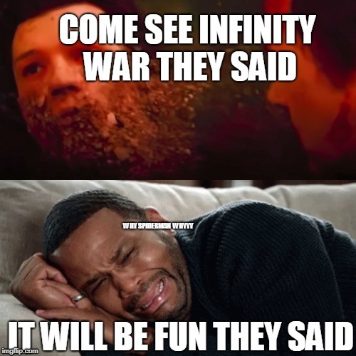 After Infinity War | WHY SPIDERMAN  WHYYY | image tagged in spiderman turning to dust,avengers,avengers infinity war,infinity war,thanos | made w/ Imgflip meme maker