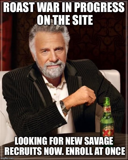 I need some savage playas on this site to help me out in a roast war against this irrelevant elephant man named Usouglee. | ROAST WAR IN PROGRESS ON THE SITE; LOOKING FOR NEW SAVAGE RECRUITS NOW. ENROLL AT ONCE | image tagged in memes,the most interesting man in the world,connoryoak,roast war | made w/ Imgflip meme maker