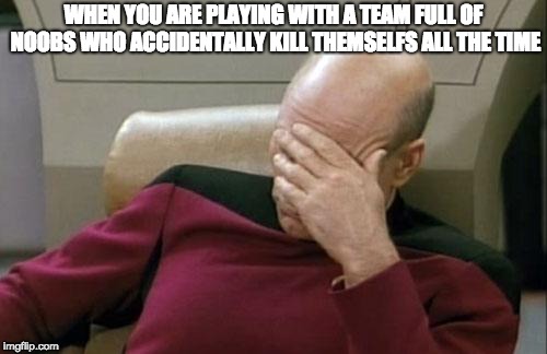 Captain Picard Facepalm Meme | WHEN YOU ARE PLAYING WITH A TEAM FULL OF NOOBS WHO ACCIDENTALLY KILL THEMSELFS ALL THE TIME | image tagged in memes,captain picard facepalm | made w/ Imgflip meme maker