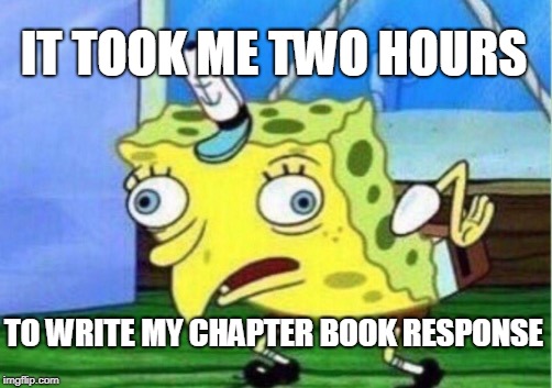 Mocking Spongebob Meme | IT TOOK ME TWO HOURS TO WRITE MY CHAPTER BOOK RESPONSE | image tagged in memes,mocking spongebob | made w/ Imgflip meme maker