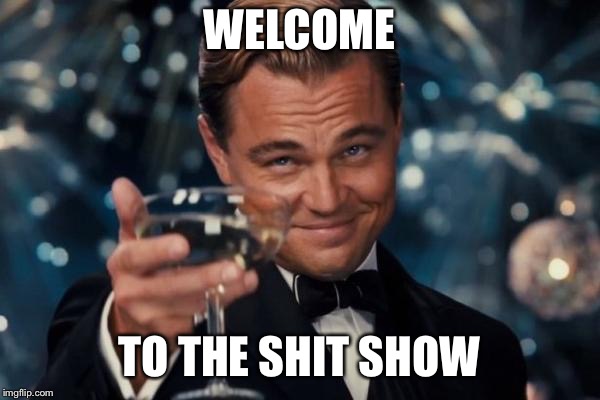 Leonardo Dicaprio Cheers Meme | WELCOME; TO THE SHIT SHOW | image tagged in memes,leonardo dicaprio cheers | made w/ Imgflip meme maker