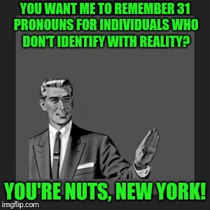 Seriously. It out of hand | YOU WANT ME TO REMEMBER 31 PRONOUNS FOR INDIVIDUALS WHO DON'T IDENTIFY WITH REALITY? YOU'RE NUTS, NEW YORK! | image tagged in memes,kill yourself guy | made w/ Imgflip meme maker