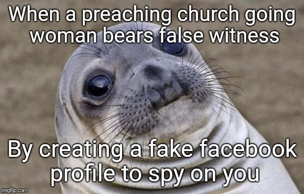 Hypocrite stepmother | When a preaching church going woman bears false witness; By creating a fake facebook profile to spy on you | image tagged in memes,awkward moment sealion | made w/ Imgflip meme maker