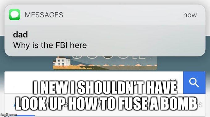 why is the FBI here? | I NEW I SHOULDN’T HAVE LOOK UP HOW TO FUSE A BOMB | image tagged in why is the fbi here | made w/ Imgflip meme maker