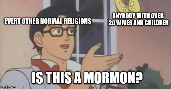 Is This a Pigeon | EVERY OTHER NORMAL RELIGIONS; ANYBODY WITH OVER 20 WIVES AND CHILDREN; IS THIS A MORMON? | image tagged in is this a pigeon | made w/ Imgflip meme maker