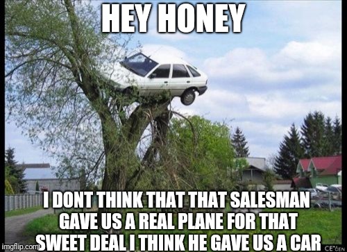 Secure Parking | HEY HONEY; I DONT THINK THAT THAT SALESMAN GAVE US A REAL PLANE FOR THAT SWEET DEAL I THINK HE GAVE US A CAR | image tagged in memes,secure parking | made w/ Imgflip meme maker