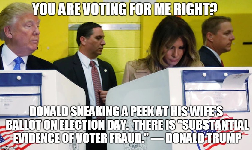 YOU ARE VOTING FOR ME RIGHT? DONALD SNEAKING A PEEK AT HIS WIFE'S BALLOT ON ELECTION DAY.  THERE IS "SUBSTANTIAL EVIDENCE OF VOTER FRAUD."
— DONALD TRUMP | made w/ Imgflip meme maker