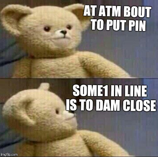 AT ATM BOUT TO PUT PIN; SOME1 IN LINE IS TO DAM CLOSE | image tagged in bears | made w/ Imgflip meme maker
