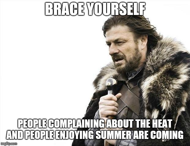 Brace Yourselves X is Coming Meme | BRACE YOURSELF; PEOPLE COMPLAINING ABOUT THE HEAT AND PEOPLE ENJOYING SUMMER ARE COMING | image tagged in memes,brace yourselves x is coming | made w/ Imgflip meme maker
