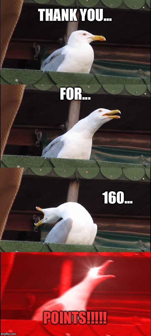thank you for 160 points! | THANK YOU... FOR... 160... POINTS!!!!! | image tagged in memes,inhaling seagull | made w/ Imgflip meme maker