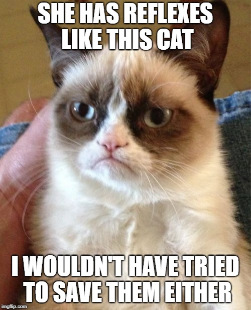 Grumpy Cat Meme | SHE HAS REFLEXES LIKE THIS CAT I WOULDN'T HAVE TRIED TO SAVE THEM EITHER | image tagged in memes,grumpy cat | made w/ Imgflip meme maker