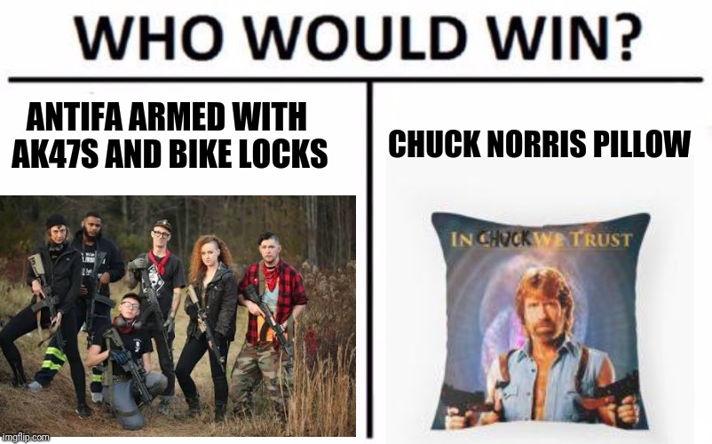 Who would win? | ANTIFA ARMED WITH AK47S AND BIKE LOCKS; CHUCK NORRIS PILLOW | image tagged in memes,chuck norris,antifa | made w/ Imgflip meme maker