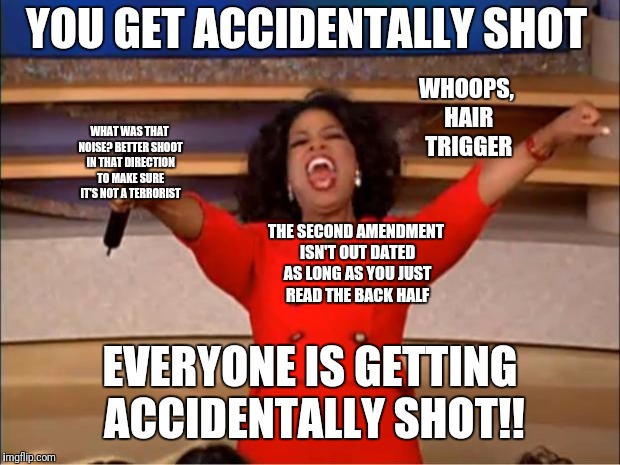 Oprah You Get A Meme | YOU GET ACCIDENTALLY SHOT EVERYONE IS GETTING ACCIDENTALLY SHOT!! WHOOPS, HAIR TRIGGER WHAT WAS THAT NOISE? BETTER SHOOT IN THAT DIRECTION T | image tagged in memes,oprah you get a | made w/ Imgflip meme maker