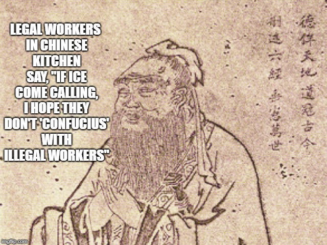 LEGAL WORKERS IN CHINESE KITCHEN SAY, "IF ICE COME CALLING, I HOPE THEY DON'T 'CONFUCIUS' WITH ILLEGAL WORKERS" | made w/ Imgflip meme maker