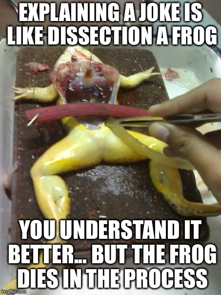 E. B. White quote ((Frog Week June 4-10, a JBmemegeek & giveuahint event!) | EXPLAINING A JOKE IS LIKE DISSECTION A FROG; YOU UNDERSTAND IT BETTER... BUT THE FROG DIES IN THE PROCESS | image tagged in dissecting frog,jokes,frog week,memes | made w/ Imgflip meme maker