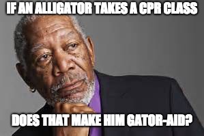 Deep Thoughts By Morgan Freeman  | IF AN ALLIGATOR TAKES A CPR CLASS; DOES THAT MAKE HIM GATOR-AID? | image tagged in deep thoughts by morgan freeman | made w/ Imgflip meme maker