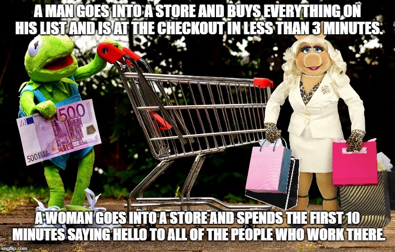 Men Know How To Hop To It ! | A MAN GOES INTO A STORE AND BUYS EVERYTHING ON HIS LIST AND IS AT THE CHECKOUT IN LESS THAN 3 MINUTES. A WOMAN GOES INTO A STORE AND SPENDS THE FIRST 10 MINUTES SAYING HELLO TO ALL OF THE PEOPLE WHO WORK THERE. | image tagged in frog week,kermit,miss piggy,muppets,shopping | made w/ Imgflip meme maker