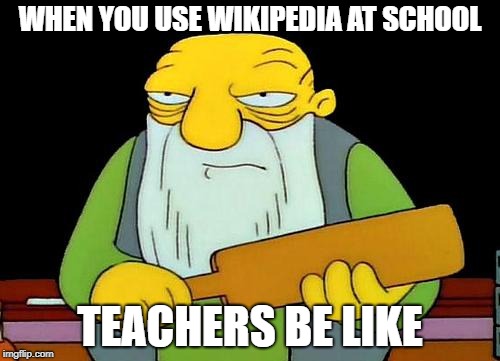 That's a paddlin' Meme | WHEN YOU USE WIKIPEDIA AT SCHOOL; TEACHERS BE LIKE | image tagged in memes,that's a paddlin' | made w/ Imgflip meme maker