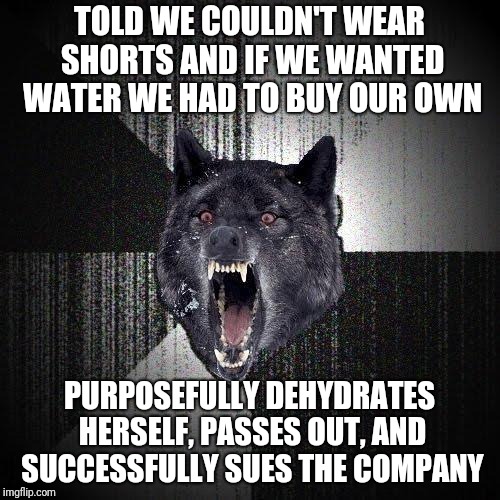 Insanity Wolf Meme | TOLD WE COULDN'T WEAR SHORTS AND IF WE WANTED WATER WE HAD TO BUY OUR OWN; PURPOSEFULLY DEHYDRATES HERSELF, PASSES OUT, AND SUCCESSFULLY SUES THE COMPANY | image tagged in memes,insanity wolf | made w/ Imgflip meme maker