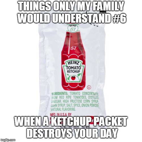Ketchup meme | THINGS ONLY MY FAMILY WOULD UNDERSTAND #6; WHEN A KETCHUP PACKET DESTROYS YOUR DAY | image tagged in family | made w/ Imgflip meme maker