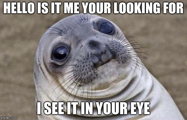 Awkward Moment Sealion Meme | HELLO IS IT ME YOUR LOOKING FOR; I SEE IT IN YOUR EYE | image tagged in memes,awkward moment sealion | made w/ Imgflip meme maker