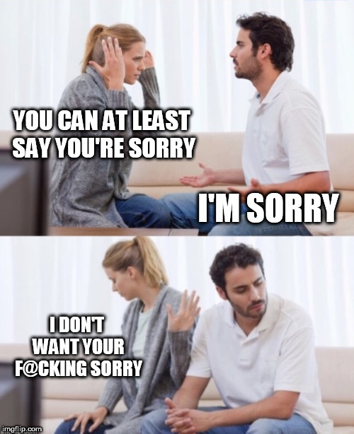 Arguing Couple 2 | YOU CAN AT LEAST SAY YOU'RE SORRY; I'M SORRY; I DON'T WANT YOUR F@CKING SORRY | image tagged in arguing couple 2 | made w/ Imgflip meme maker