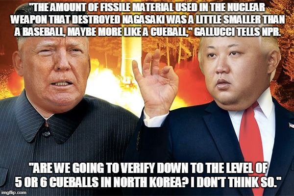 "THE AMOUNT OF FISSILE MATERIAL USED IN THE NUCLEAR WEAPON THAT DESTROYED NAGASAKI WAS A LITTLE SMALLER THAN A BASEBALL, MAYBE MORE LIKE A CUEBALL," GALLUCCI TELLS NPR. "ARE WE GOING TO VERIFY DOWN TO THE LEVEL OF 5 OR 6 CUEBALLS IN NORTH KOREA? I DON'T THINK SO." | made w/ Imgflip meme maker