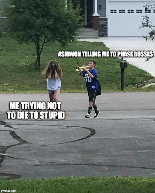 Trumpet Boy | ASHAVON TELLING ME TO PHASE BOSSES; ME TRYING NOT TO DIE TO STUPID | image tagged in trumpet boy | made w/ Imgflip meme maker