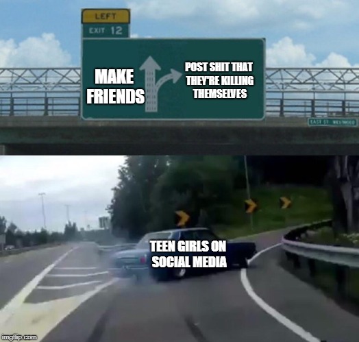 Left Exit 12 Off Ramp Meme | POST SHIT THAT THEY'RE KILLING THEMSELVES; MAKE FRIENDS; TEEN GIRLS ON SOCIAL MEDIA | image tagged in memes,left exit 12 off ramp | made w/ Imgflip meme maker