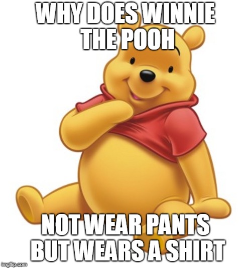 Winnie The Pooh | WHY DOES WINNIE THE POOH; NOT WEAR PANTS BUT WEARS A SHIRT | image tagged in winnie the pooh | made w/ Imgflip meme maker